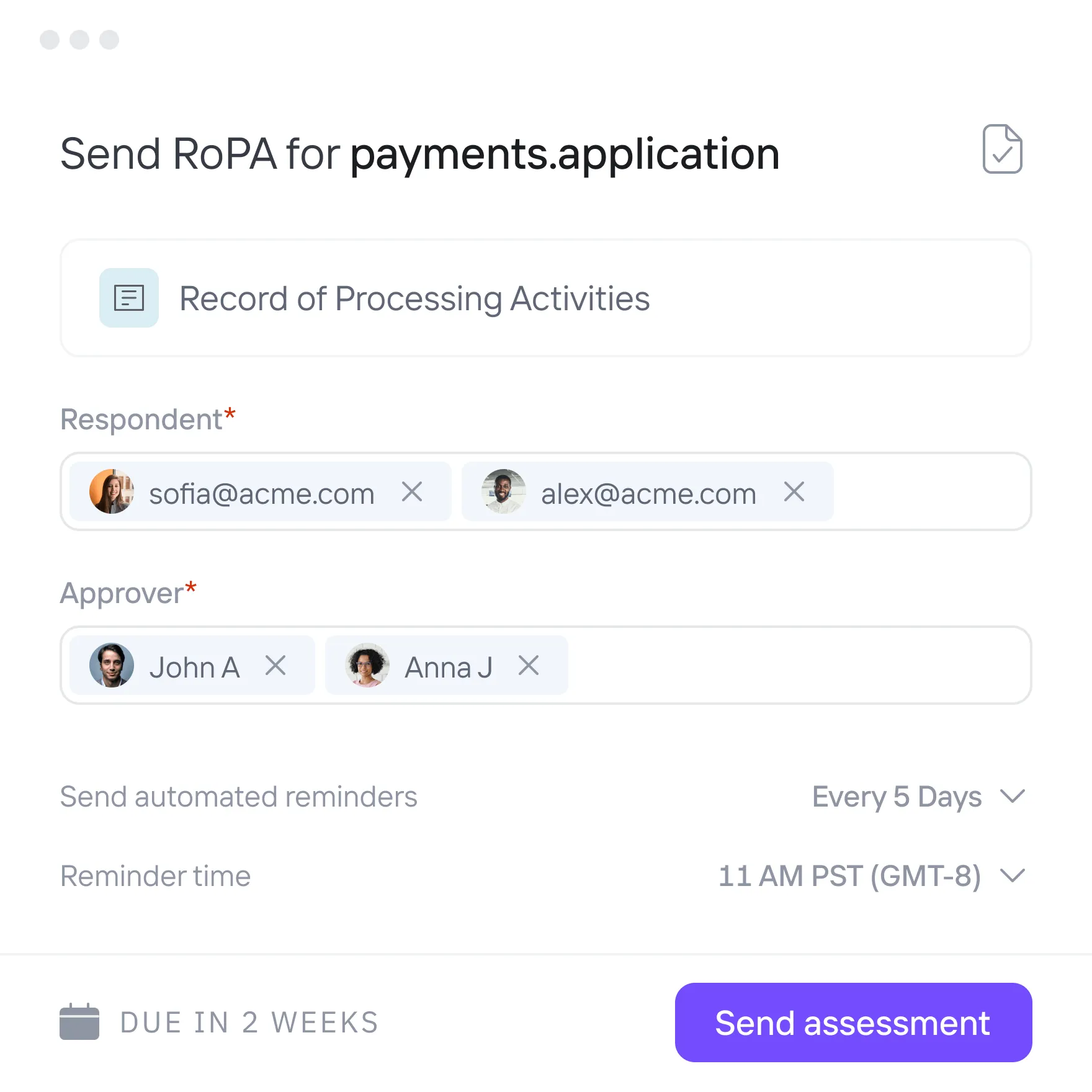 User interface for sending a Record of Processing Activities assessment for payments.application with selected respondents sofia@acme.com and alex@acme.com, approvers John A and Anna J, reminder settings, and a send button.