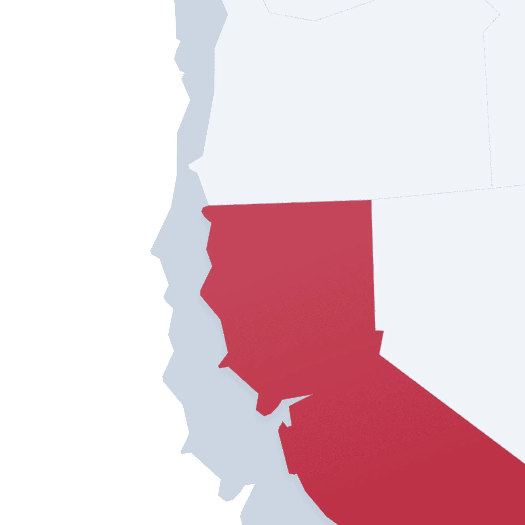 Map highlighting the California and Nevada area with California on the left, shown in red.