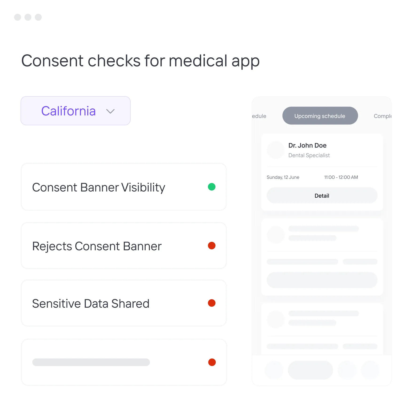 User interface for consent checks in a medical app showing California selected and indicators for consent banner visibility, rejects consent banner, and sensitive data shared status.