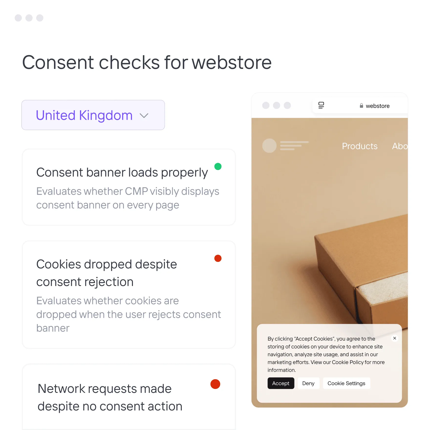 Interface showing consent checks for webstore with a dropdown for United Kingdom, status indicators for consent banner loading properly, cookies dropped after rejection, and network requests despite no consent, alongside a mobile preview with a cookie consent banner.