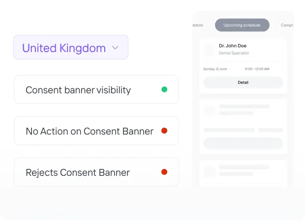 User interface showing dropdown set to United Kingdom with consent banner statuses: visible with green dot, no action and rejects with red dots, alongside a partial upcoming schedule card for Dr. John Doe, Dental Specialist.