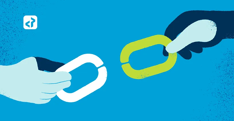 Illustration of two hands each holding a chain link, one white and one green, against a blue background.