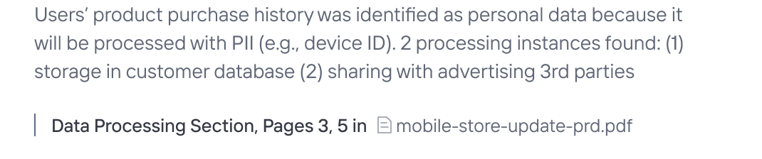Snippet of technical documentation used as evidence for a privacy assessment.