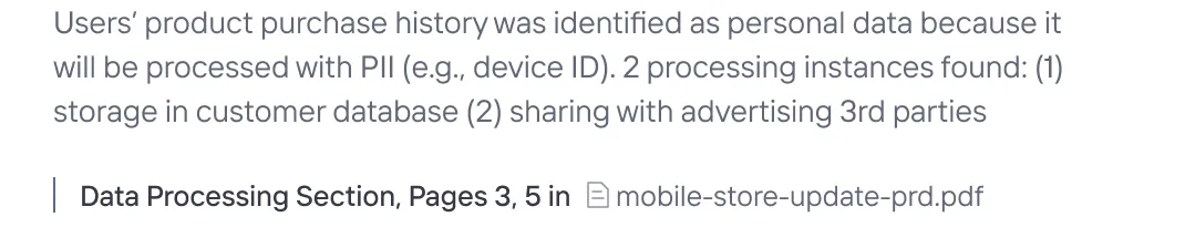 Snippet of technical documentation used as evidence for a privacy assessment.