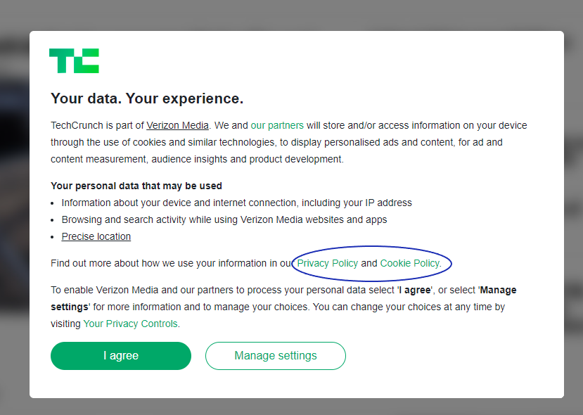 GDPR Cookie Consent Example: Techcrunch