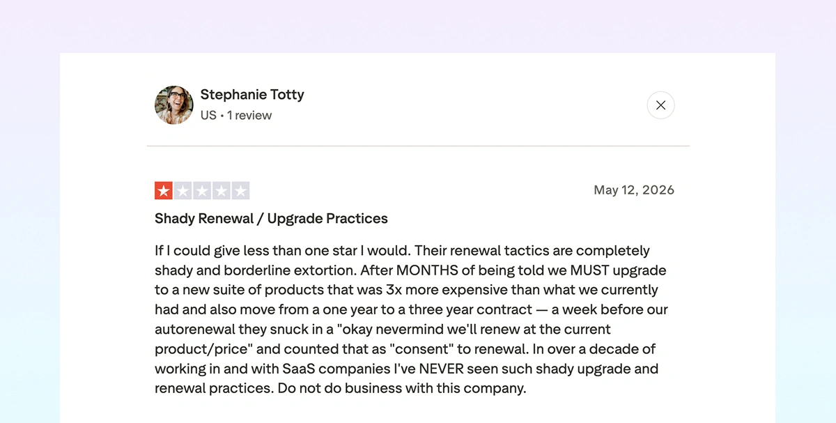 A Trustpilot reviewer criticizing OneTrust's renewal process and unexpected contract upgrade practices