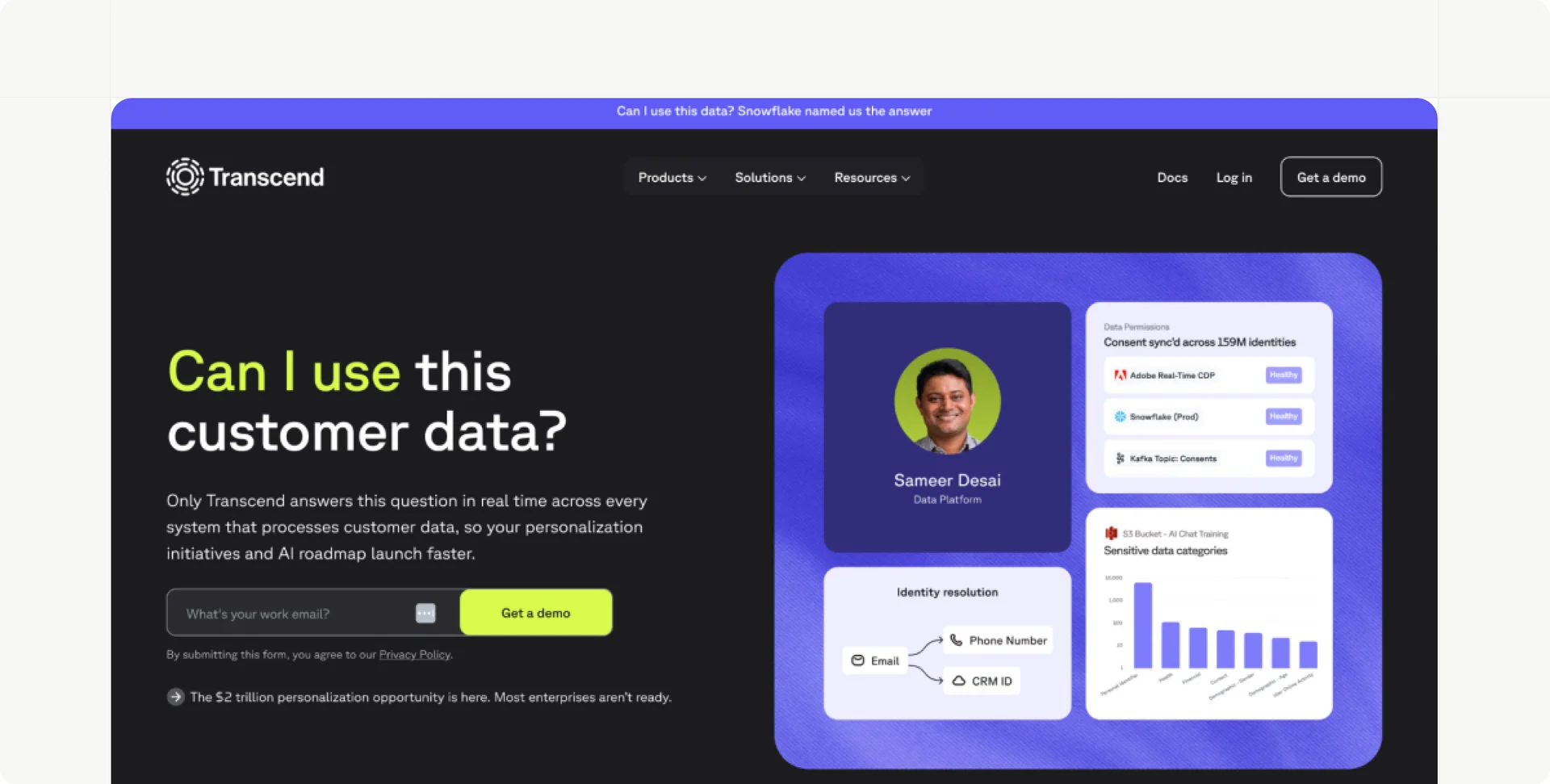 Screenshot of the Transcend website homepage featuring its privacy infrastructure platform.