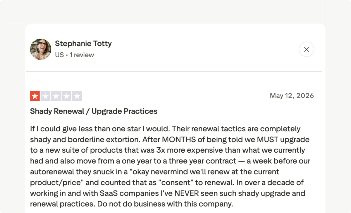 Screenshot of a Trustpilot review highlighting customer feedback on OneTrust pricing and renewal experience.