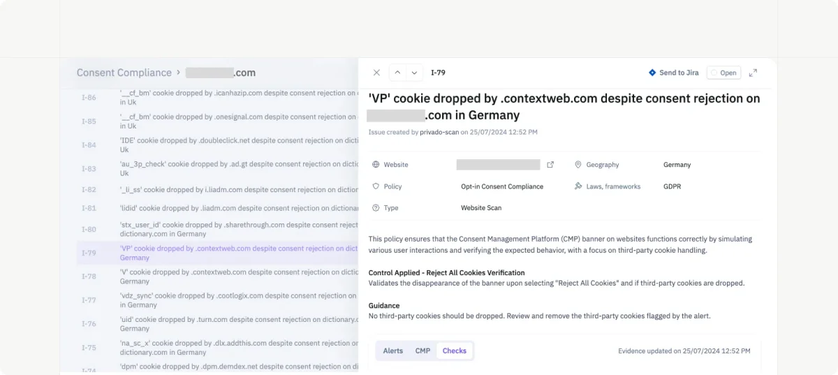 Privado AI dashboard showing consent compliance risks across websites and apps