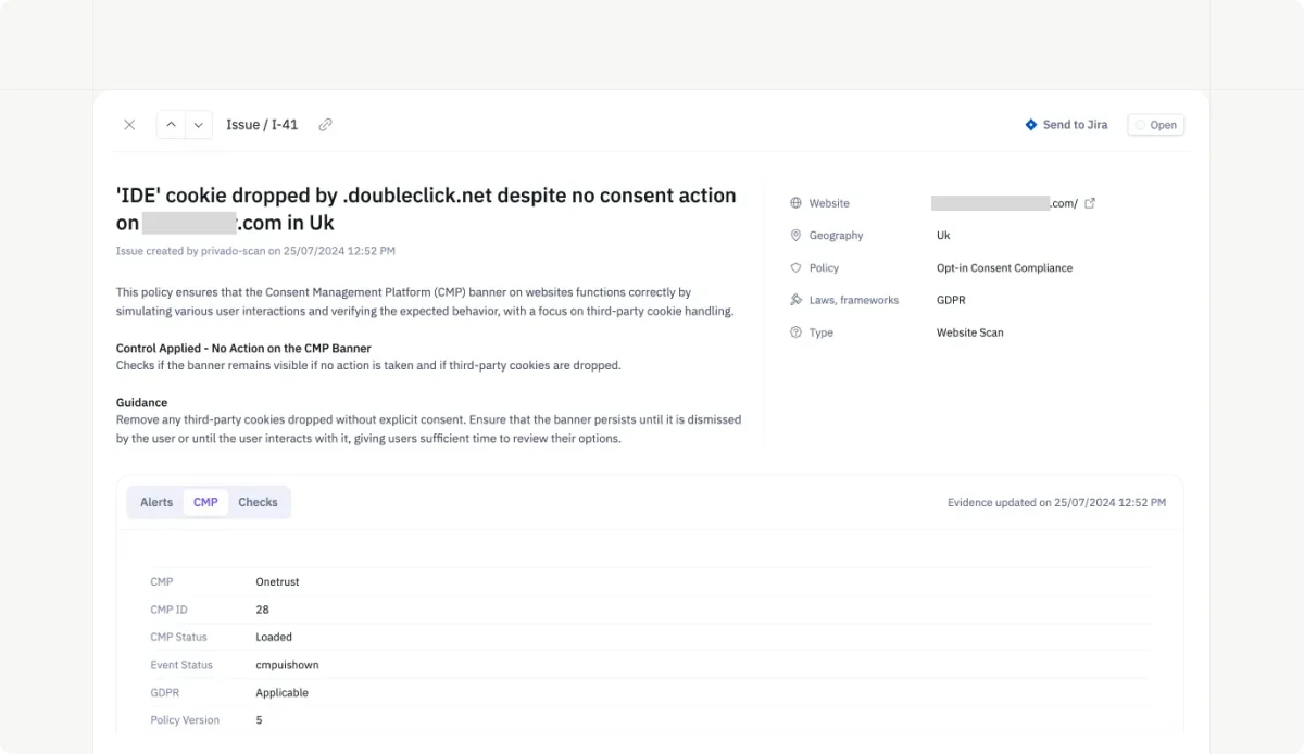 Example of consent compliance risk alert