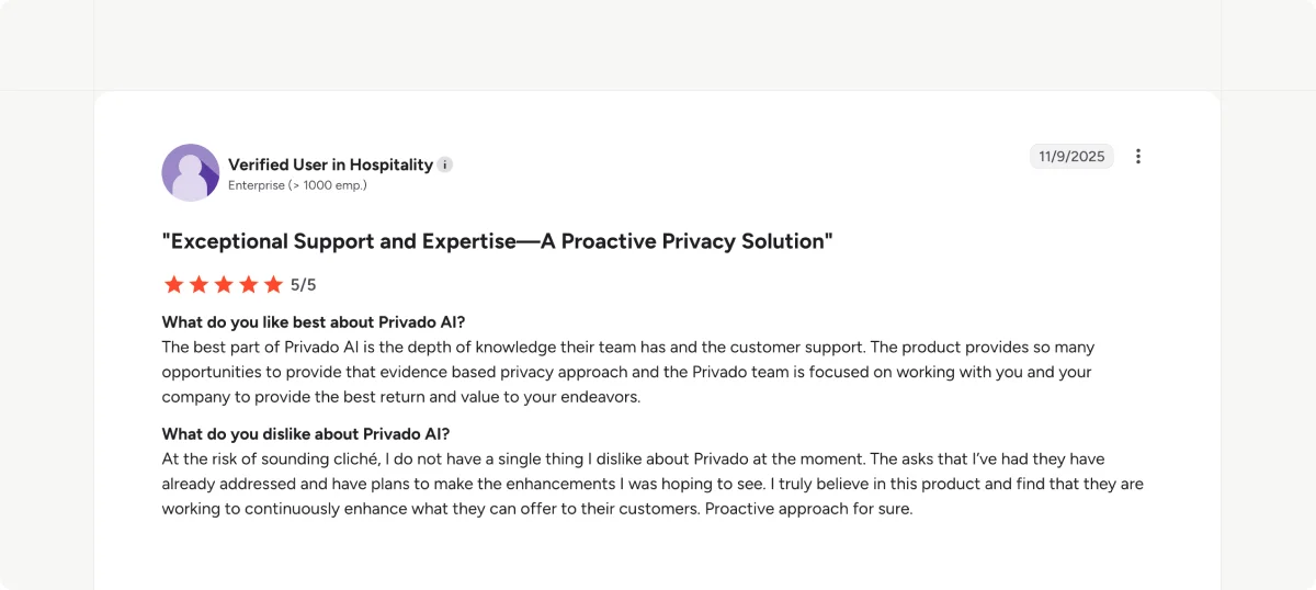 A G2 reviewer sharing positive feedback about Privado AI's customer support and product experience.