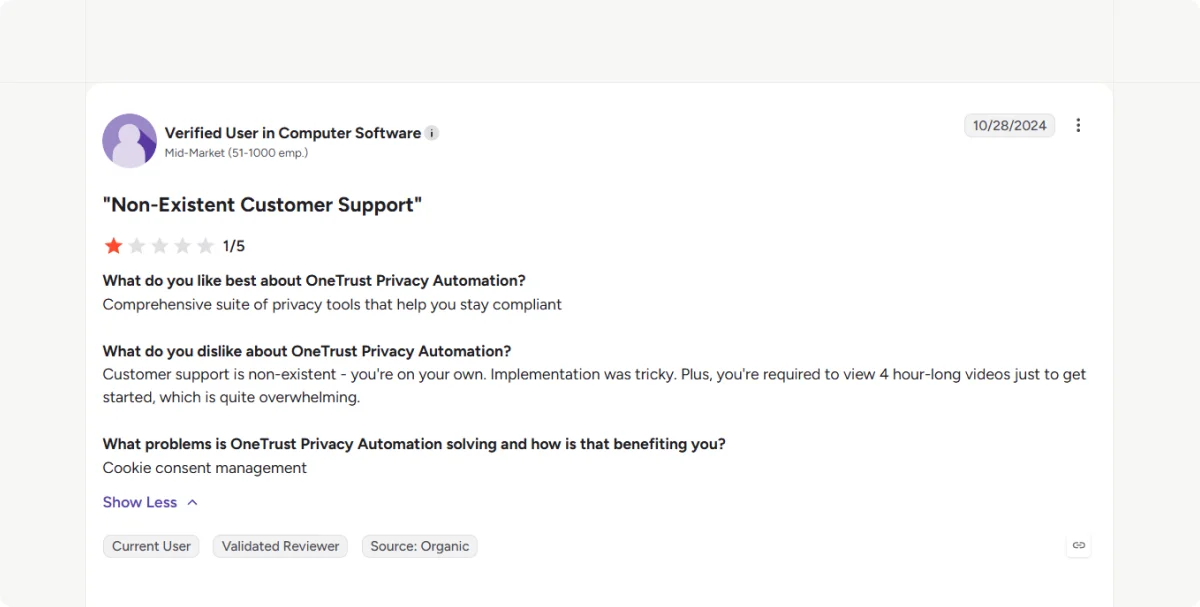 A G2 reviewer pointing out the lack of support from the OneTrust team