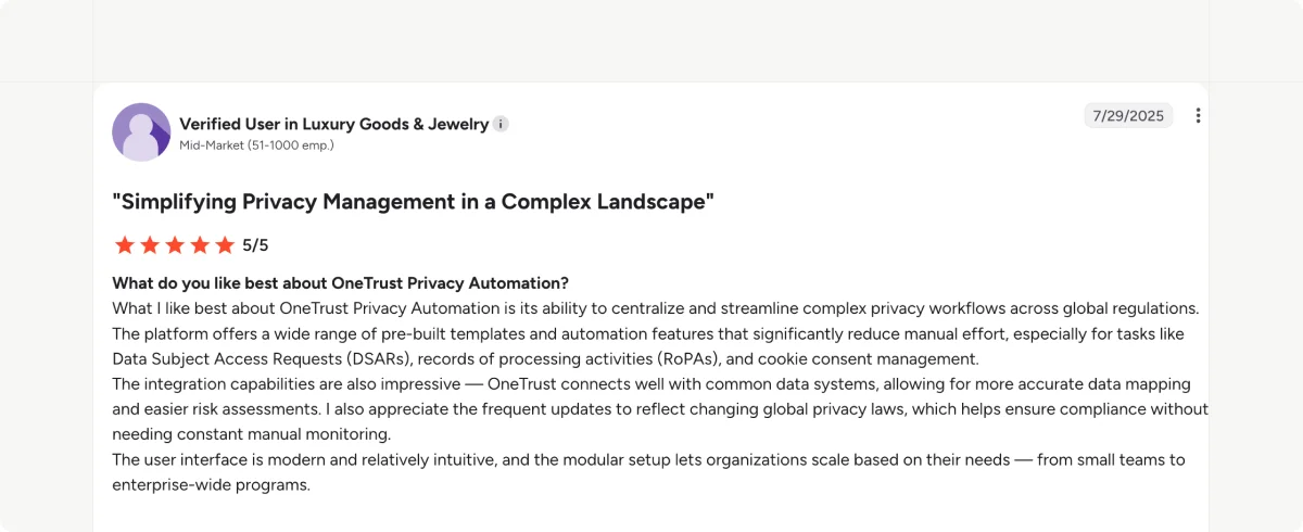 OneTrust review on privacy workflows