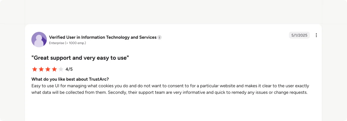 TrustArc G2 review praising support and easy implementation