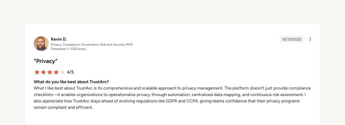 OneTrust G2 review highlighting ease of integrations