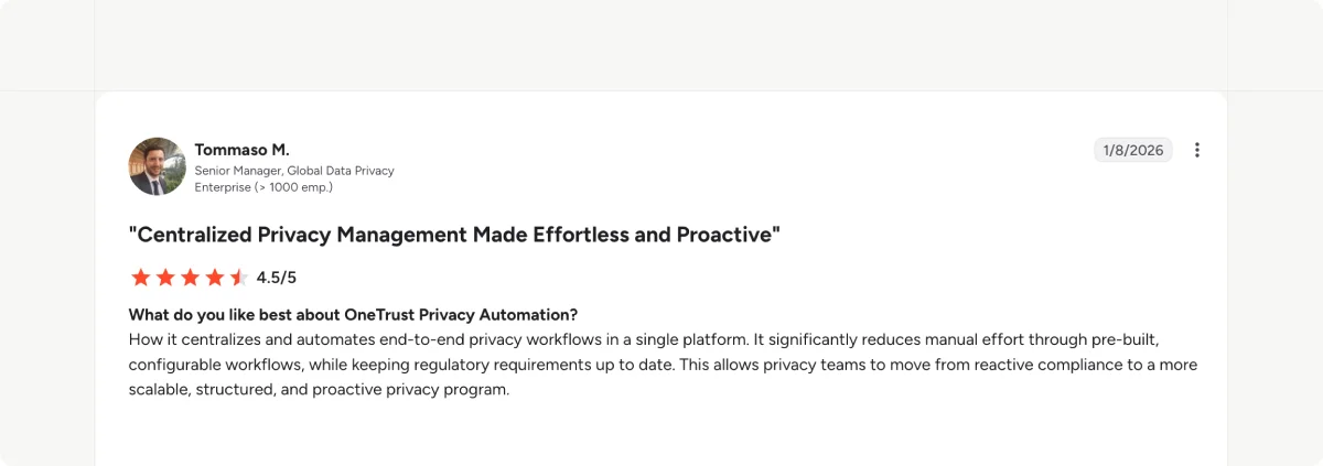 OneTrust review highlighting unified privacy and governance workflows
