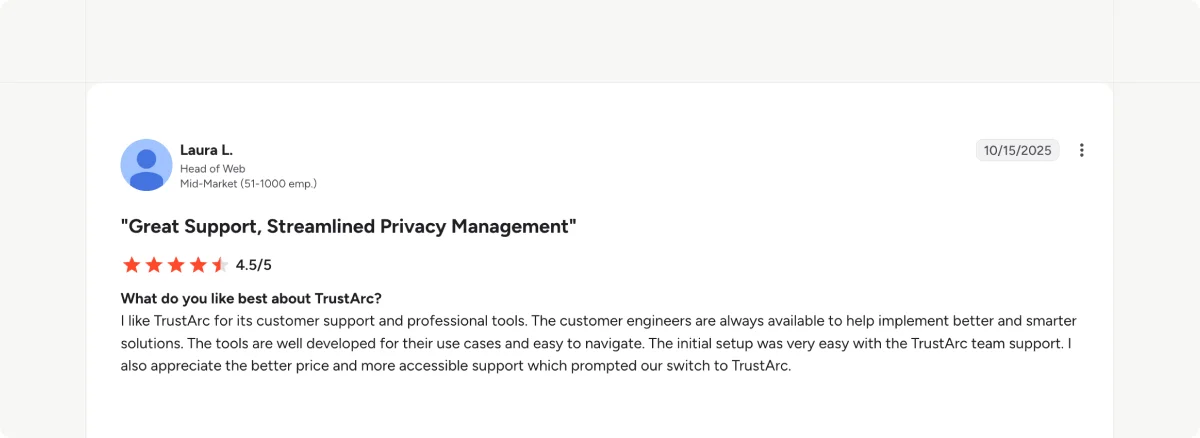 TrustArc G2 review highlighting easy implementation and support