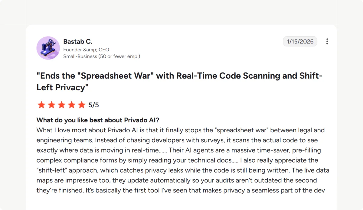 A 5/5 G2 review praising Privado AI’s real-time code scanning