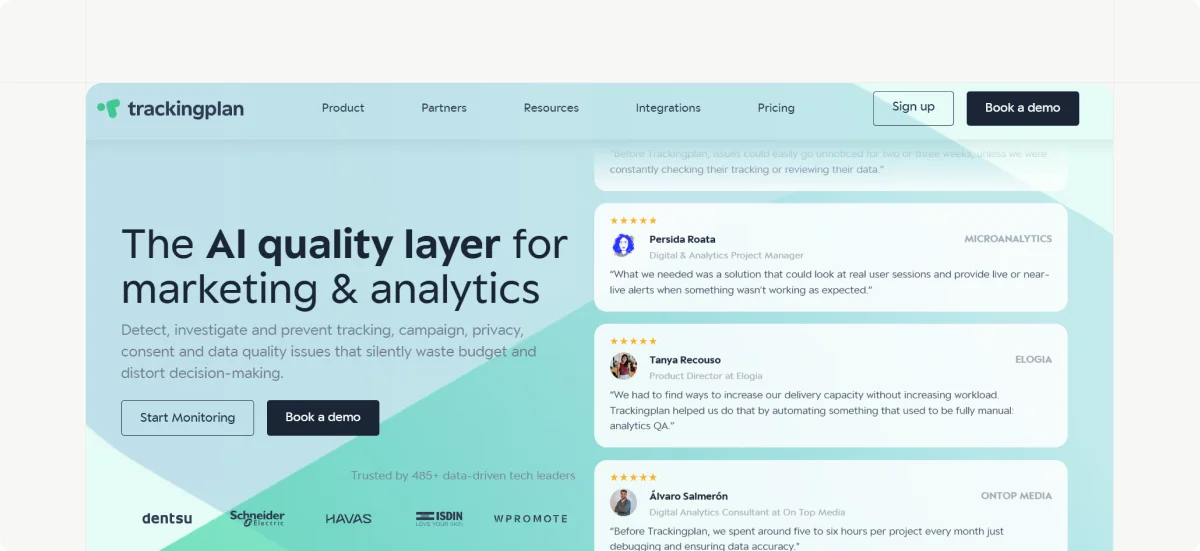 Trackingplan monitors real-user analytics, consent, pixels, and app tracking continuously