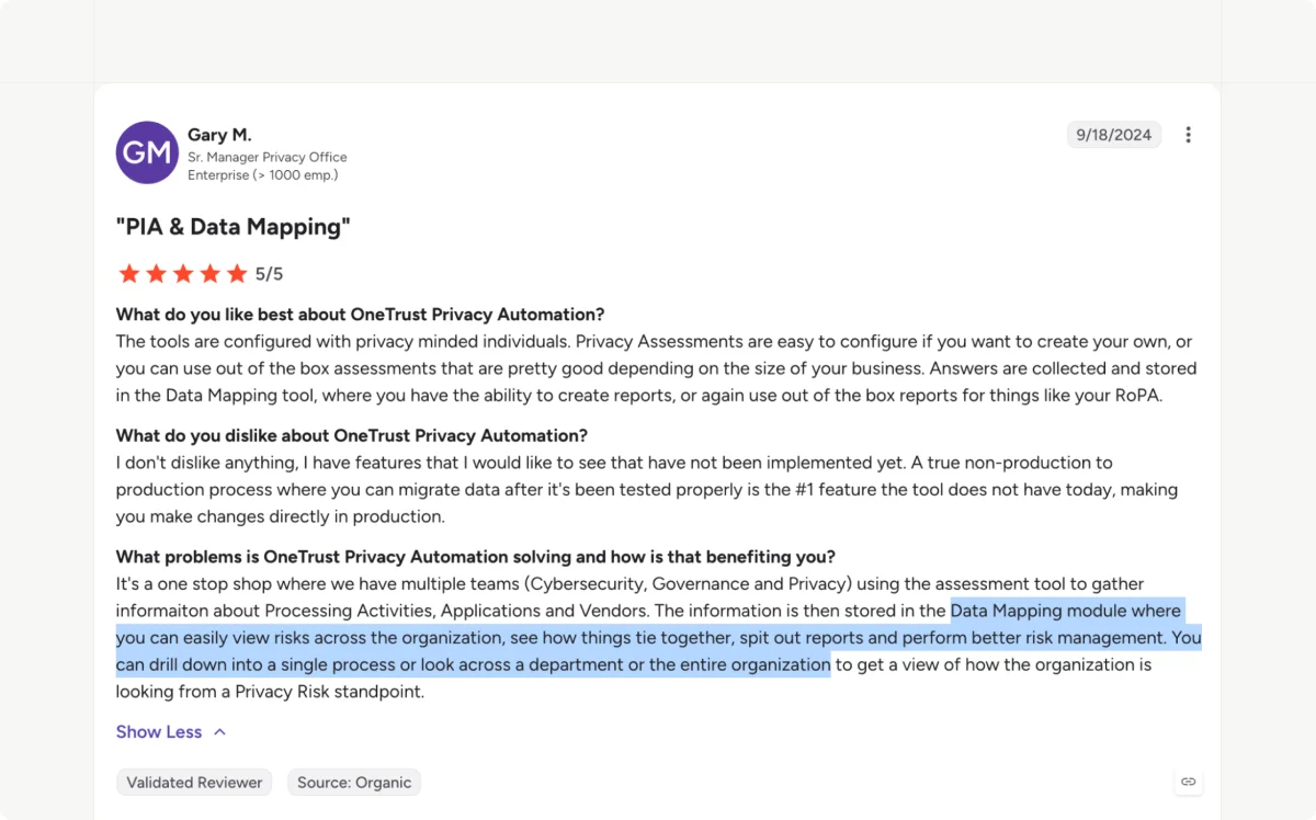 OneTrust’s G2 review on PIA & Data mapping