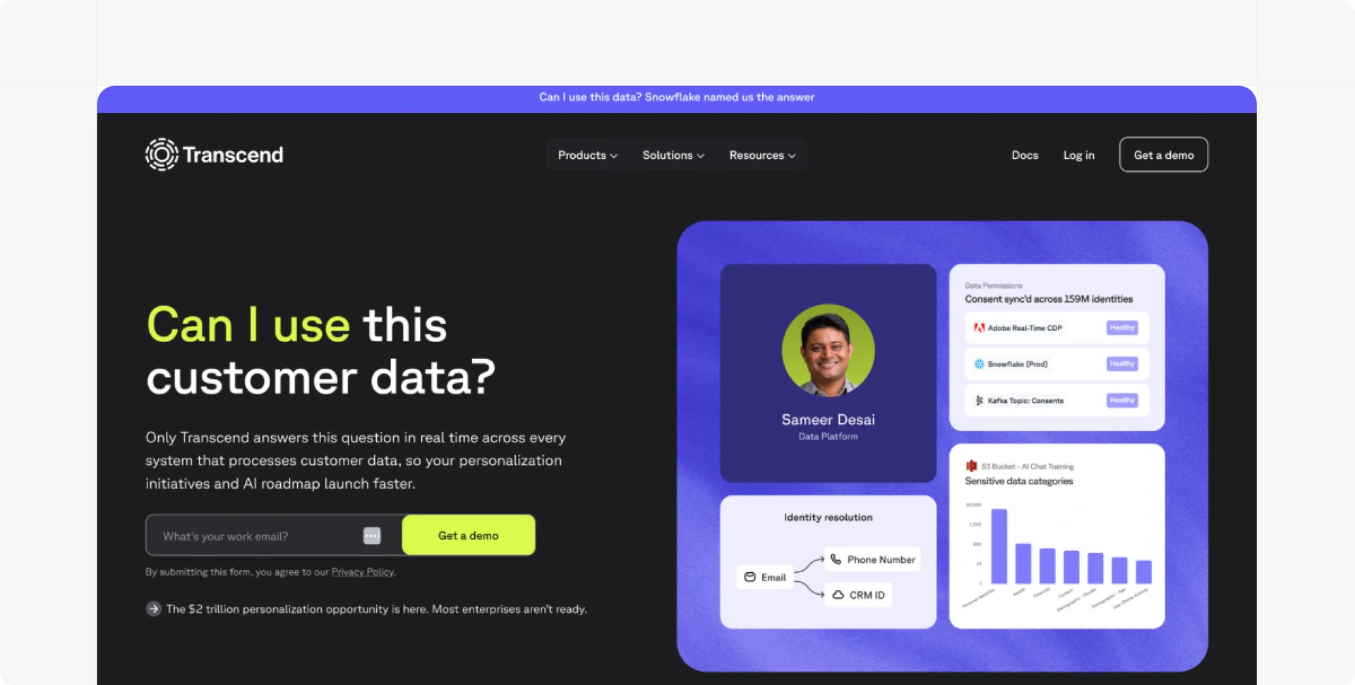 Screenshot of the Transcend website homepage featuring its privacy infrastructure platform.