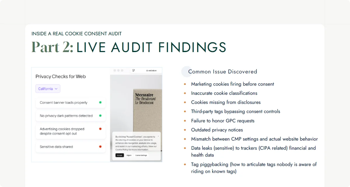 Cookie consent audit findings showing advertising cookies dropped despite consent opt-out