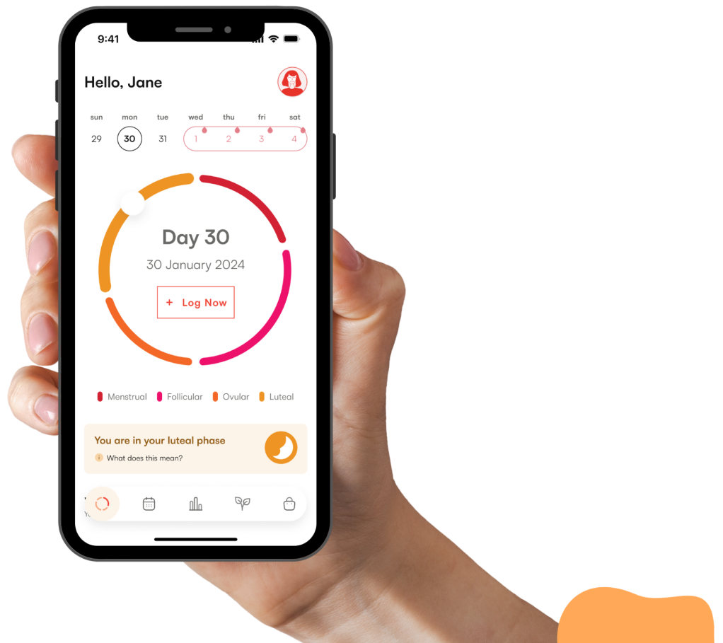 Hand holding phone showing ASan's menstrual cycle app, developed by Old.St Labs, with day 30 on 30 January in luteal phase.