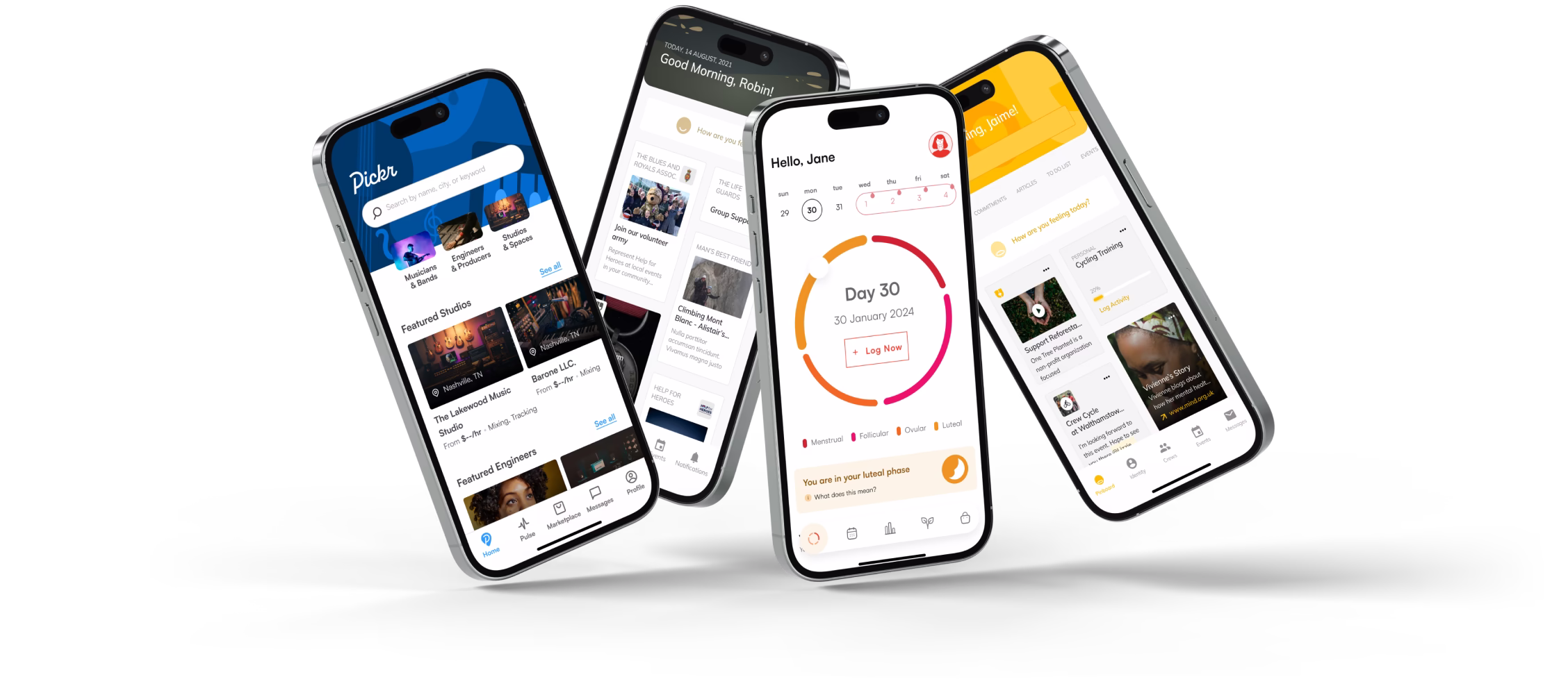 Four fanned-out iPhone mockups showcasing custom mobile apps built by Old.St Labs, including Pickr, a menstrual cycle tracker, and a community/volunteer app
