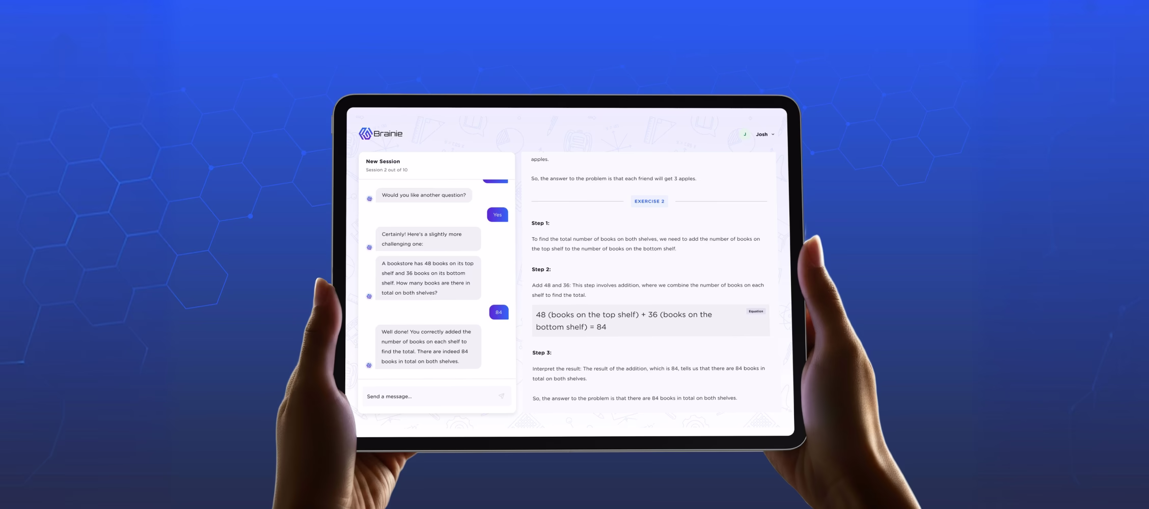 Hands holding a tablet showing a Brainie AI chatbot solving a math problem about adding books on shelves.