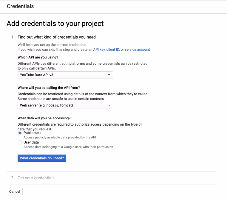 Credential configurations for creating a YouTube API key