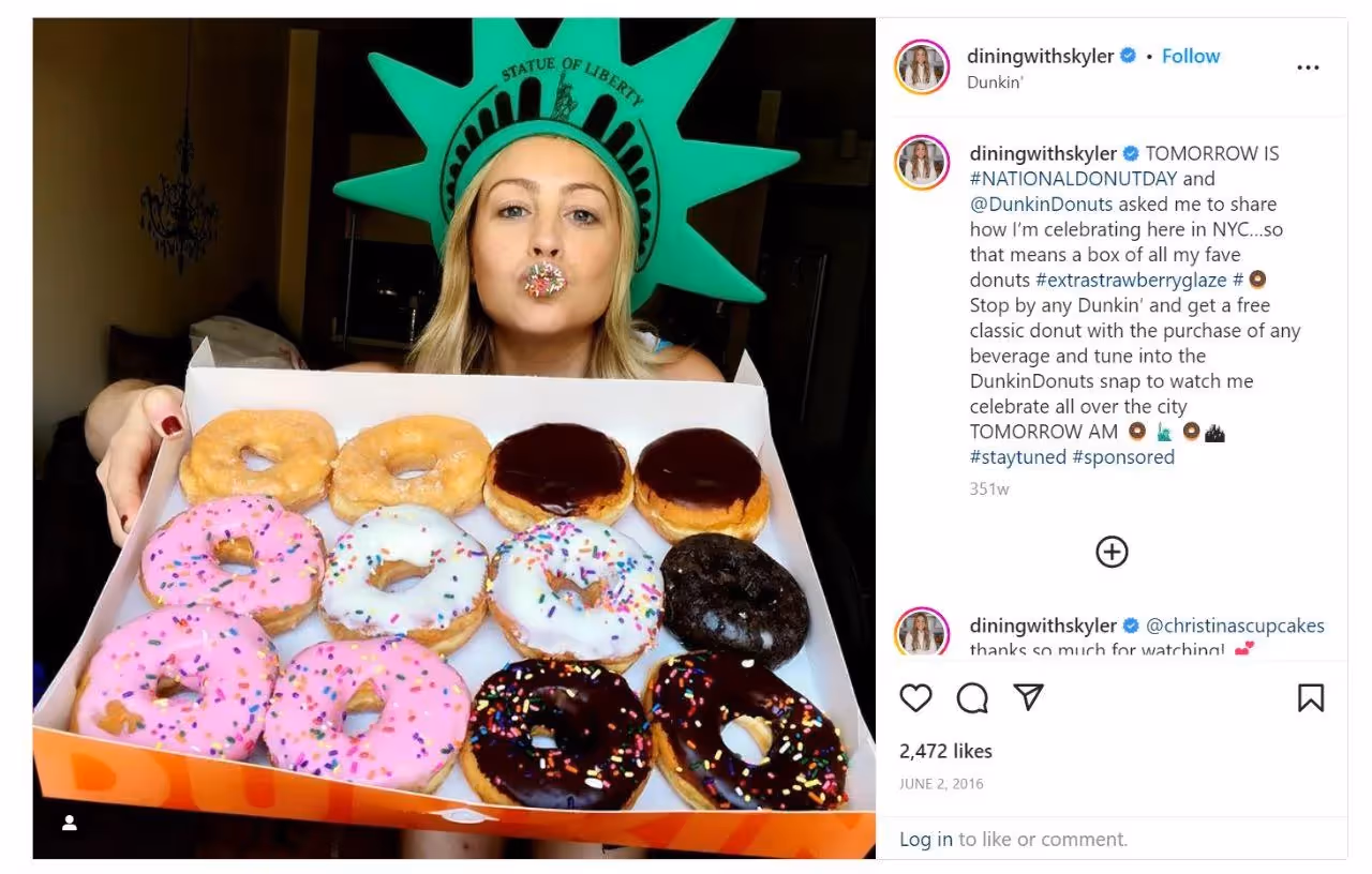 Alt text: Instagram post snapshot of an influencer for Dunkin’ National Donut day campaign.