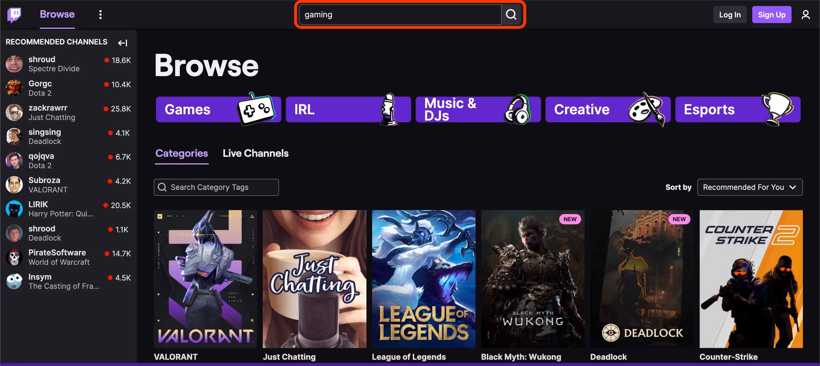 Search twitch influencers
