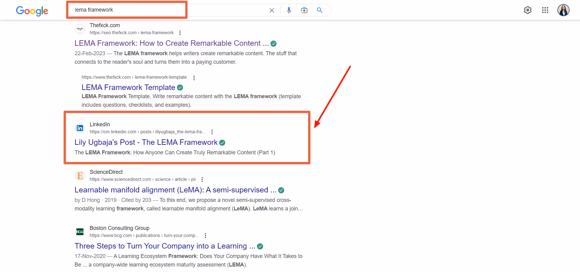 Lily Ugbaja's LinkedIn post ranking in search engine result pages for it's target keyword.