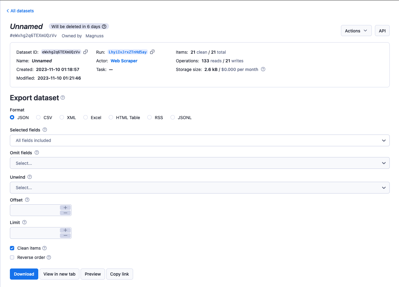 Apify Console dataset detail and export view