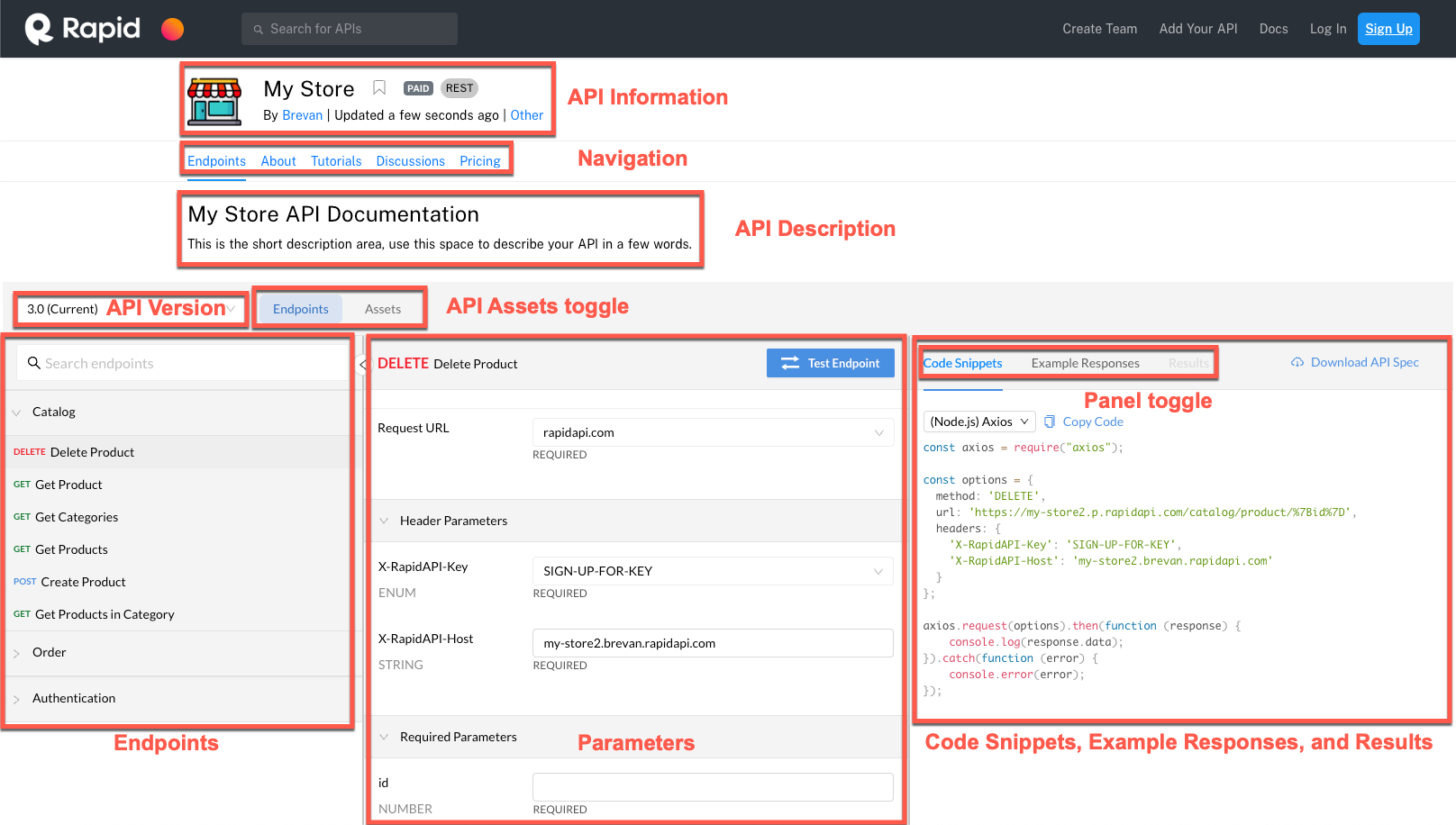 RapidAPI listing page with an in-browser API test client