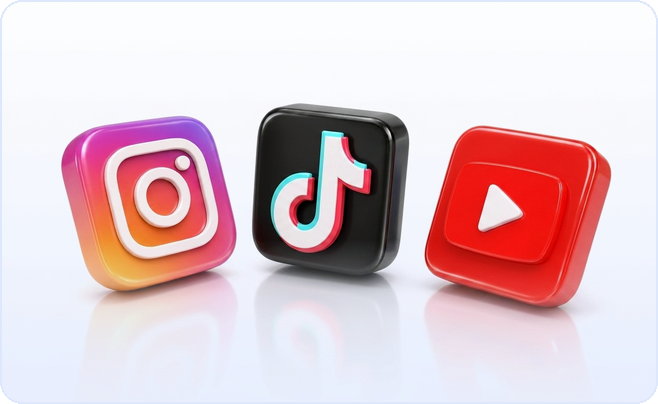 3D glossy Instagram, TikTok and YouTube app icons side by side, representing one universal API across many creator platforms