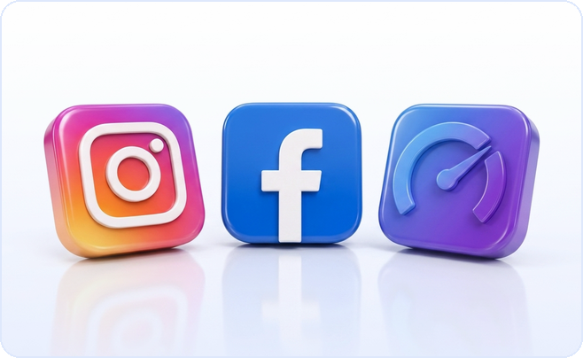 3D glossy Instagram and Facebook app icons beside a speedometer gauge, representing the Instagram Graph API auth path and its rate limits