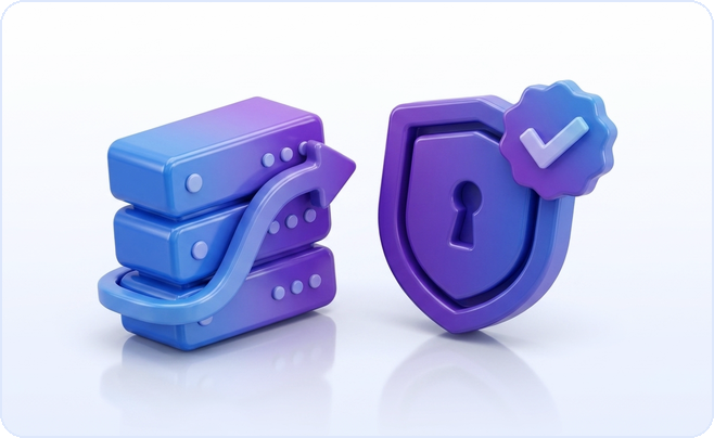 3D glossy proxy server stack facing a locked shield with a verified checkmark, representing proxy networks versus consented API access