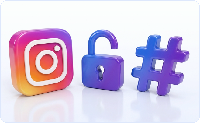 3D glossy Instagram app icon beside an open padlock and a hashtag symbol, representing Instagram data visible without a login