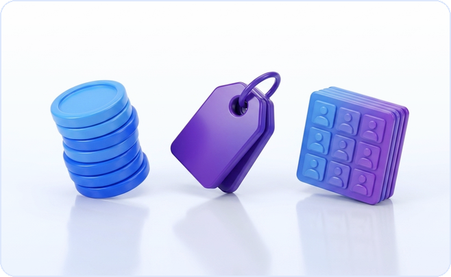 3D glossy stack of coins, a price tag and a grid of profile cards, representing social data API cost per 1,000 profiles