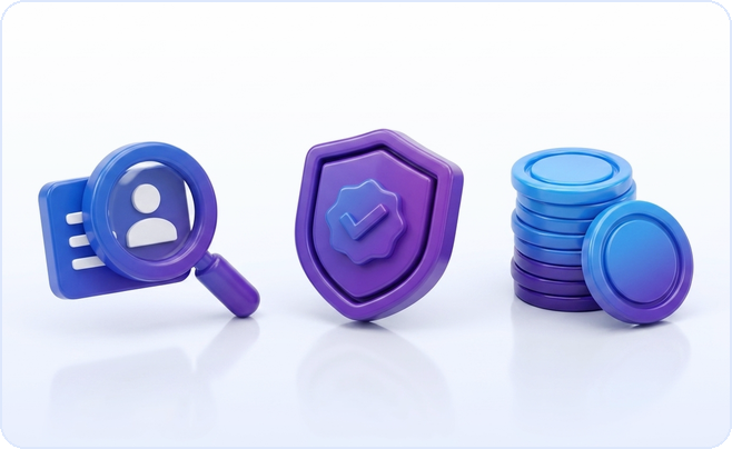 3D glossy magnifying glass over an ID card, a shield with a checkmark and a stack of coins, representing social screening cost per candidate
