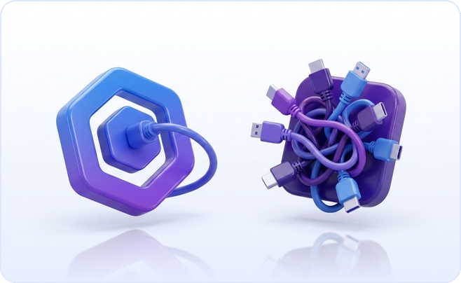 One unified API hub beside a tangle of ten separate platform connectors