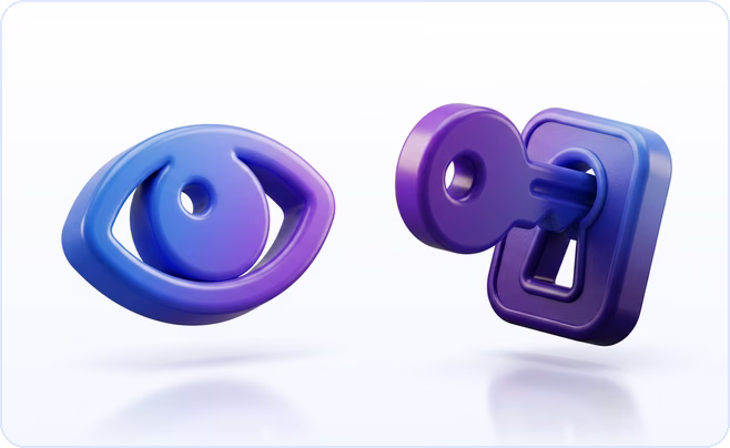 3D icons of an open eye and a key turning in a keyhole plate