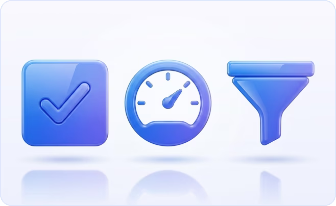 3D icons of a permission card with a checkmark, a dial gauge and a funnel