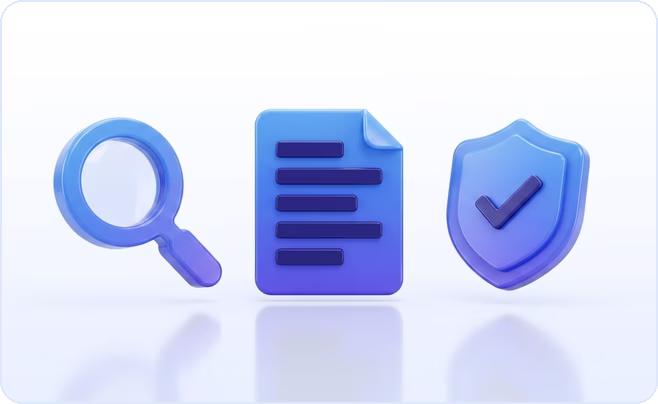3D icons of a magnifying glass, a document with redaction bars and a shield with a checkmark