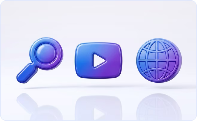 3D icons of a magnifying glass, a video play button and a globe