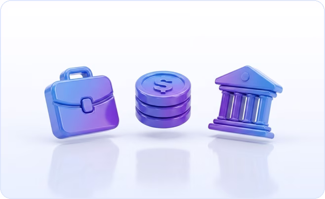 3D icons of a briefcase, a stack of coins and a classical government building