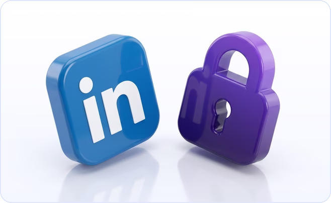 3D LinkedIn logo tile facing a closed padlock
