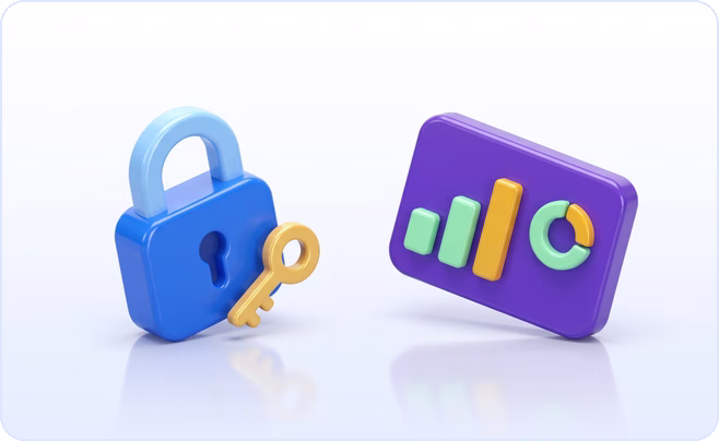 3D icons of a padlock with a key beside an analytics card showing charts
