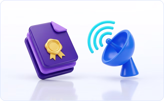 3D icons of a sealed licensed document stack beside a live satellite dish